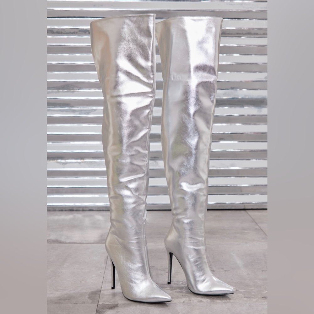 Silver Faux Leather Pointed High Heel Over The Knee Boot